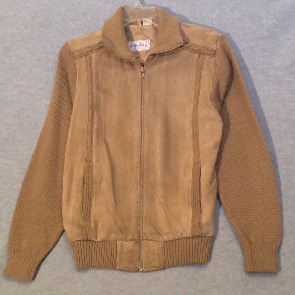 MISTER MAN Bomber Style Knit and Leather Zip Sweater Stretch Sleeve and Back
